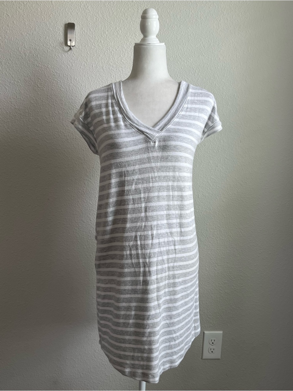Athleta Gray and White Striped V‑Neck Dress